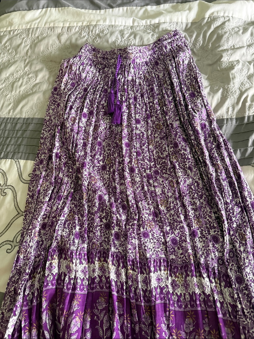 Boho Purple Floral Pleated Maxi Skirt with Tassel Tie
